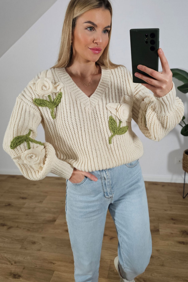 Sweter kwiaty 3D EMILY ecru