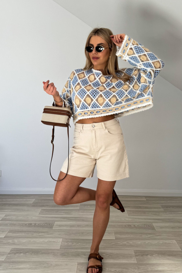 Bluzka boho MAKRAMA beżowo błękitna