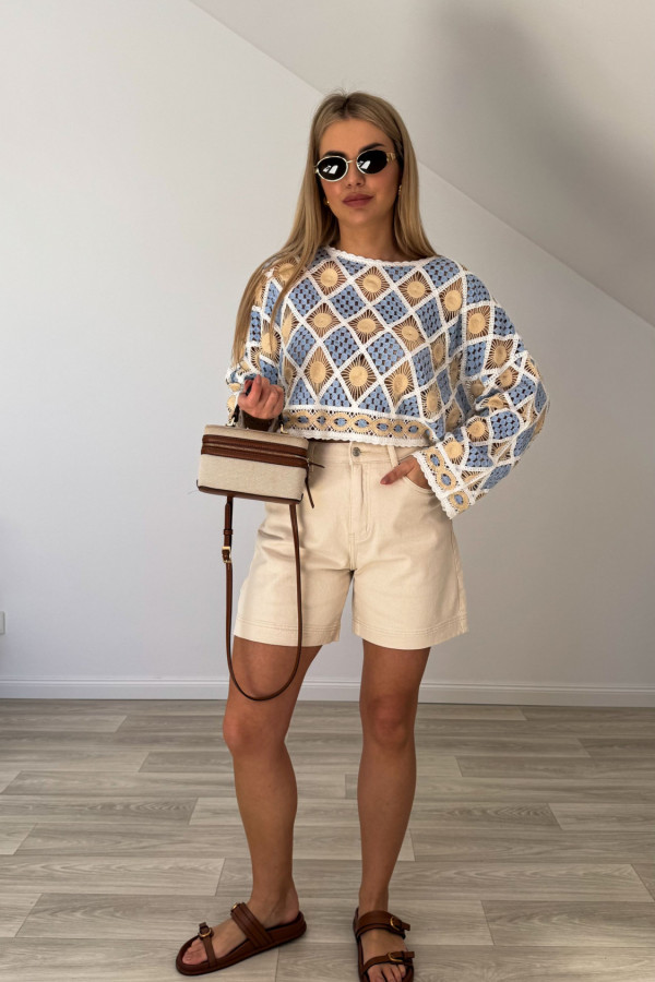 Bluzka boho MAKRAMA beżowo błękitna 1