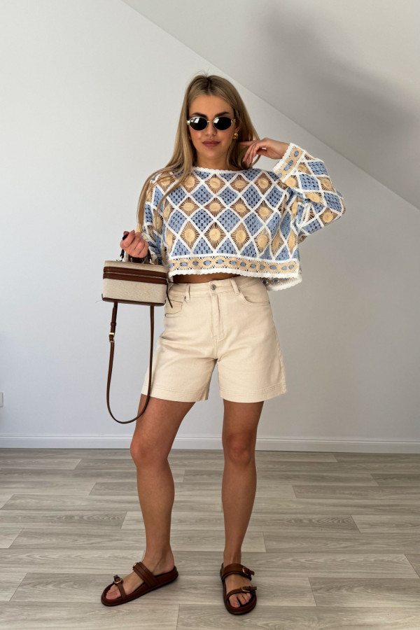 Bluzka boho MAKRAMA beżowo błękitna 2