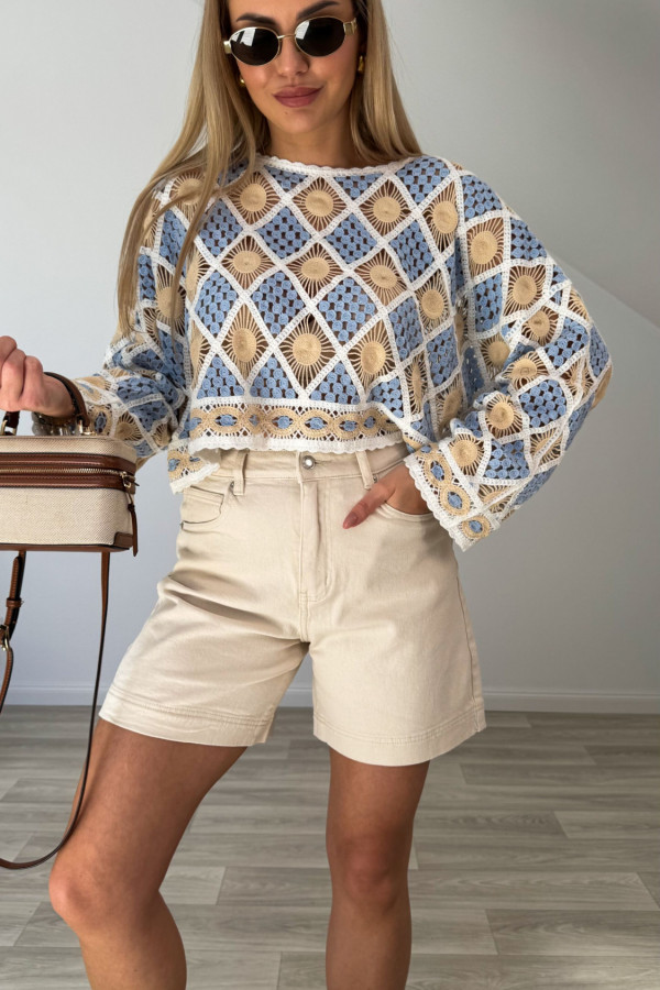 Bluzka boho MAKRAMA beżowo błękitna 3