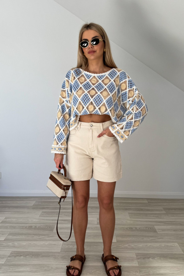Bluzka boho MAKRAMA beżowo błękitna 5