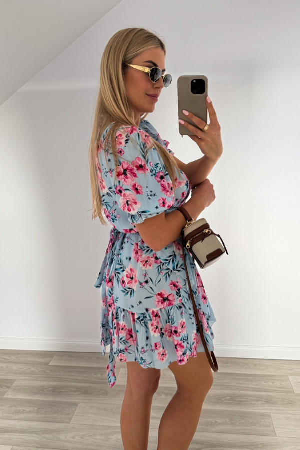 Sukienka LUISA wiskoza niebieska w różowe kwiaty 3