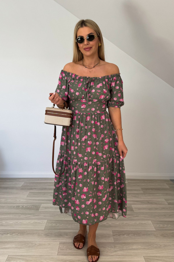 Sukienka hiszpanka SABRINA khaki w różowe kwiaty