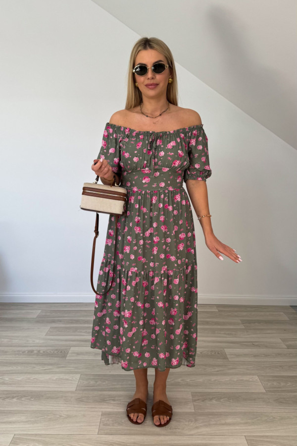 Sukienka hiszpanka SABRINA khaki w różowe kwiaty 1