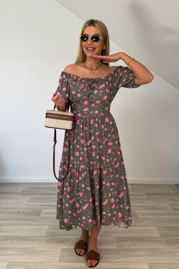 Sukienka hiszpanka SABRINA khaki w różowe kwiaty 3