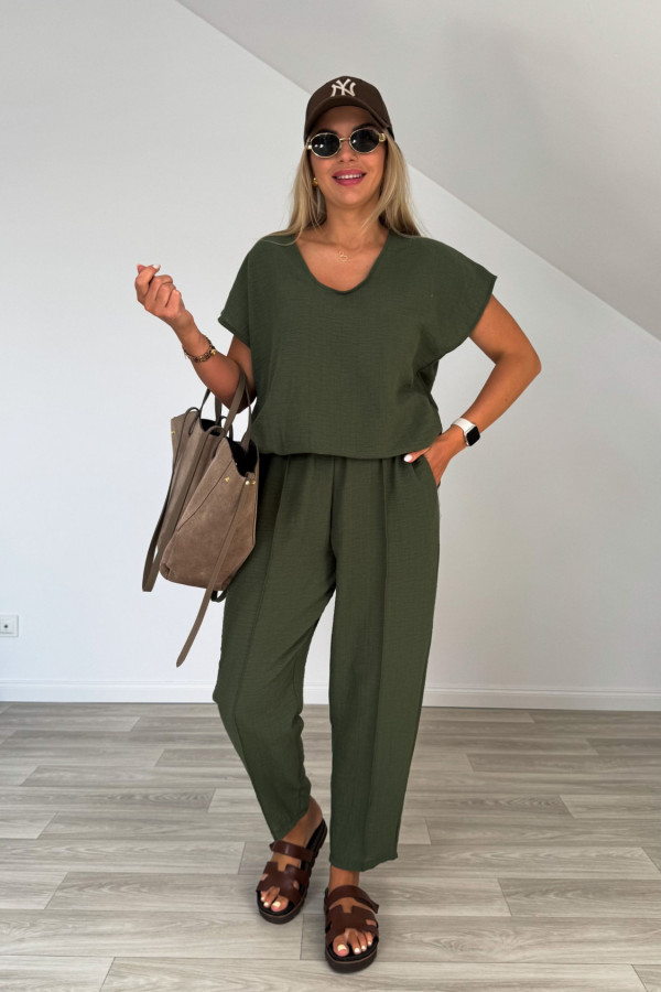 Komplet len z bawełną MARGO khaki