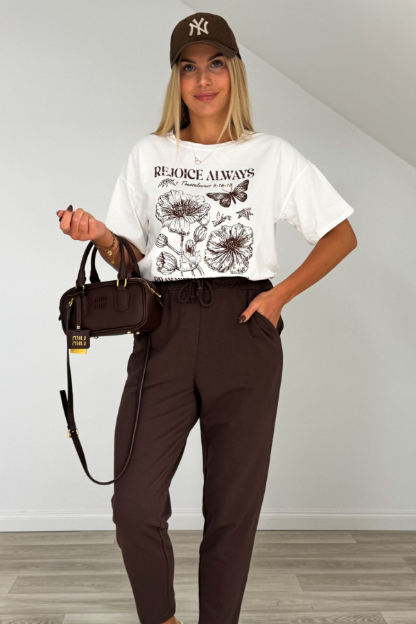 T shirt VINTAGE kwiaty biało czekoladowy