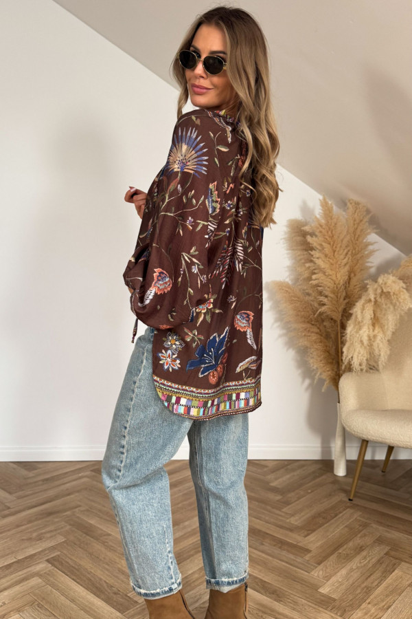 Koszula VIVIEN boho czekoladowa w granatowe kwiaty 3