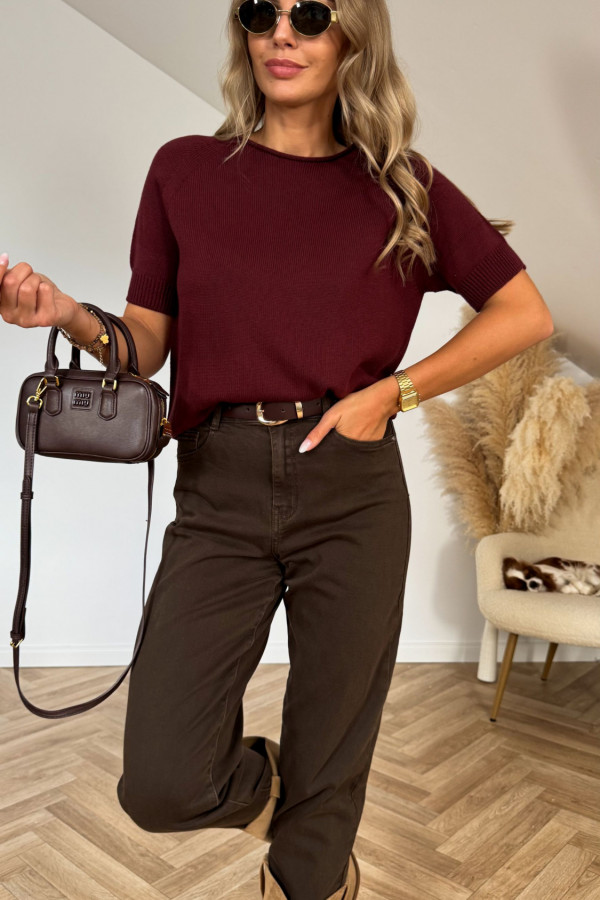 Sweter dzianinowy z krótkim rękawem MIKO bordo