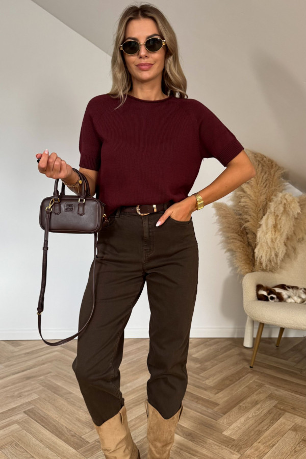 Sweter dzianinowy z krótkim rękawem MIKO bordo 2
