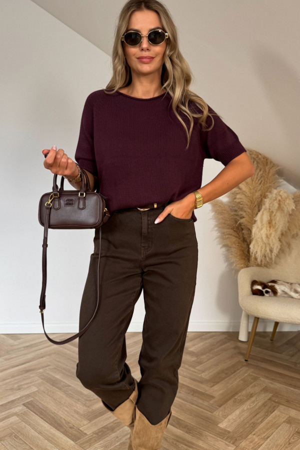 Sweter dzianinowy z krótkim rękawem MIKO śliwka