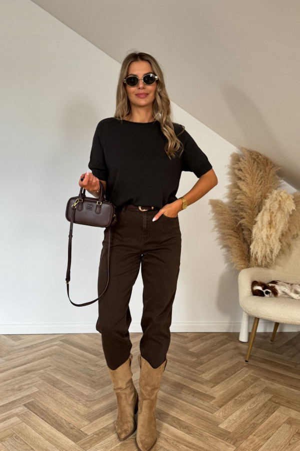 Sweter dzianinowy z krótkim rękawem MIKO ciemna czekolada 2