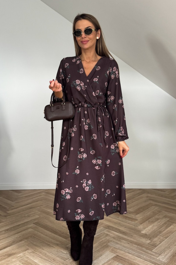 Sukienka VERONA czekoladowa w pudrowe róże 1