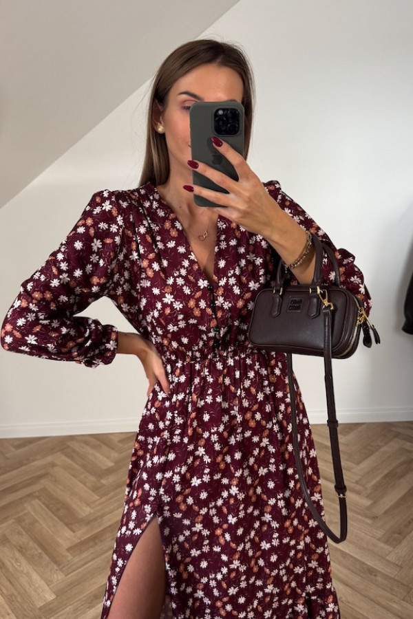 Sukienka midi LORI bordowa w kwiaty