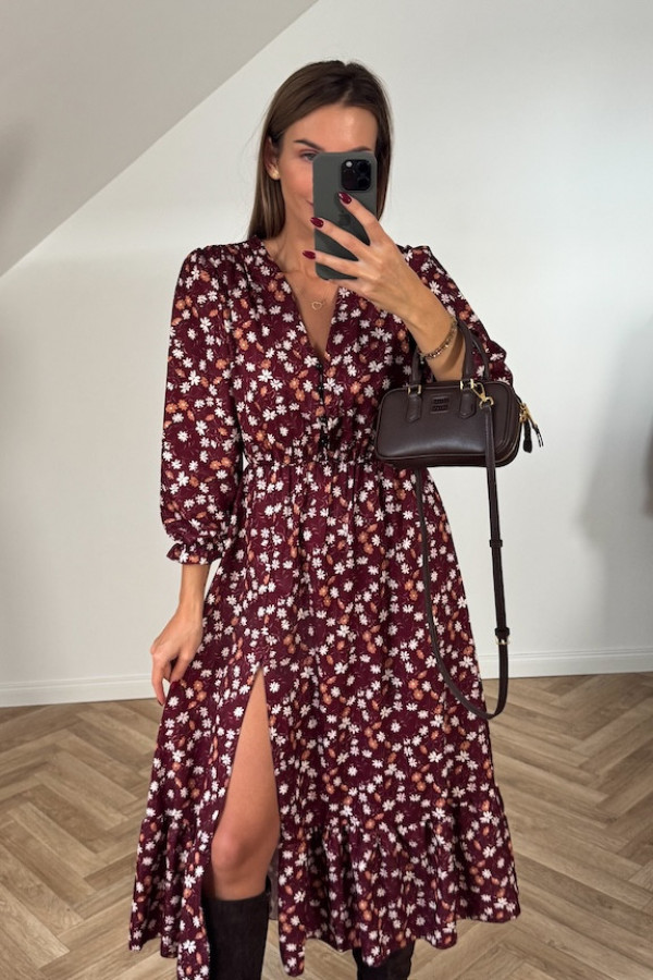 Sukienka midi LORI bordowa w kwiaty 2
